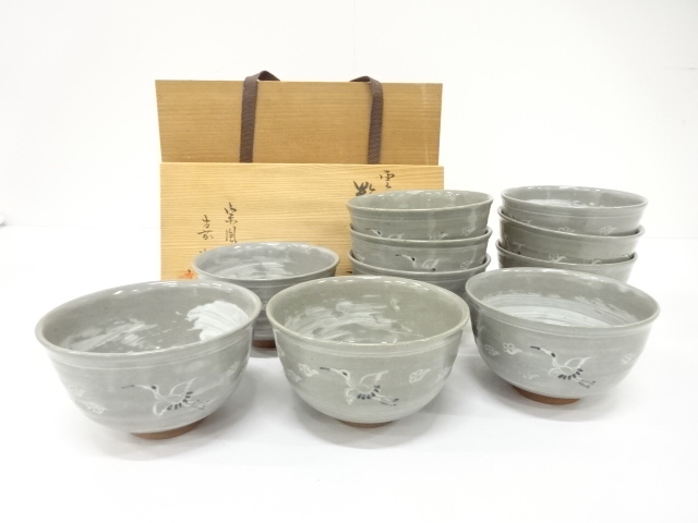 JAPANESE TEA CEREMONY / TEA BOWL CHAWAN / SET OF 10 / CRANE / ARTISAN WORK
